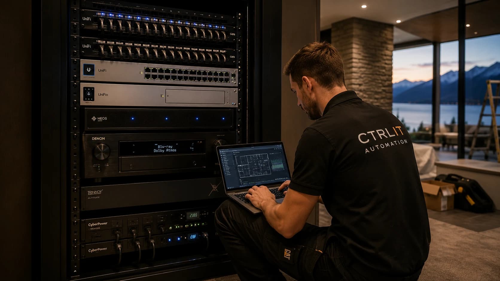 Craftsmanship and commissioning detail for a refined residential technology installation.