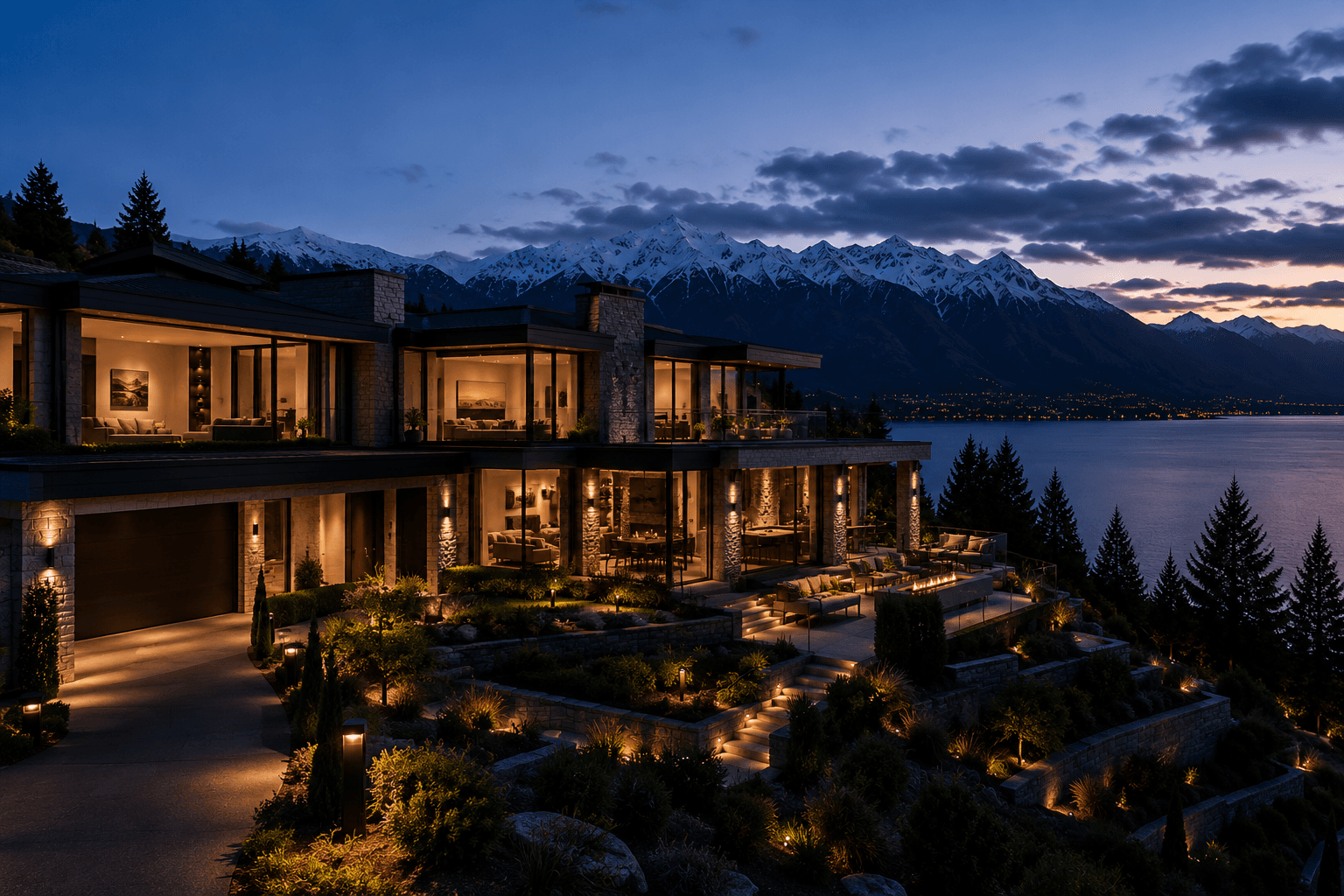 Lakeside residence exterior with warm architectural lighting.